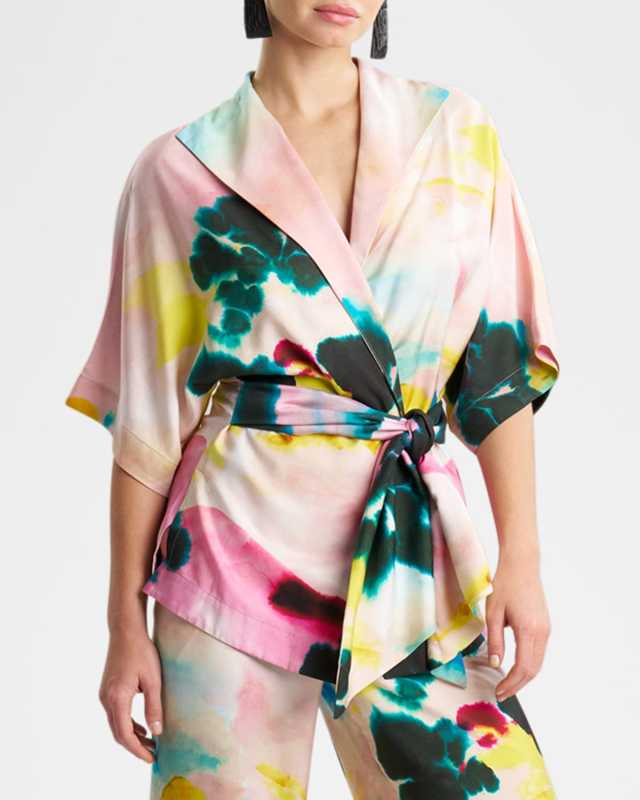 Akiko Watercolor-Print Silk Twill Blouse